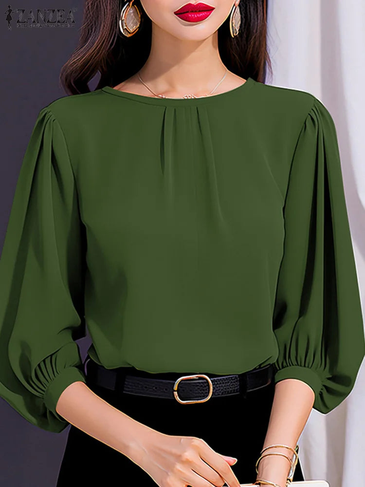 Damenbluse mit 3/4-Ärmeln – Elegante Laternenärmel, lockerer Schnitt